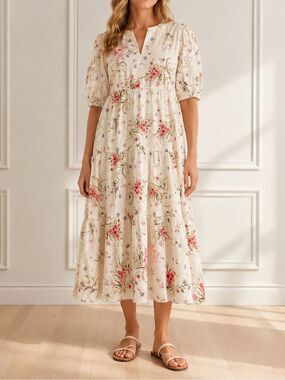 Tolani XXL Floral Eyelet Cotton Tiered Midi Dress Ivory Pink Puff Sleeve Boho